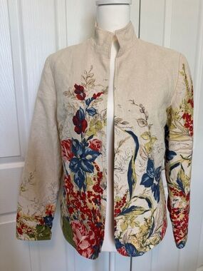Coldwater Creek Beige Floral Embroidered Jacket blazer Boho Cottagecore festival